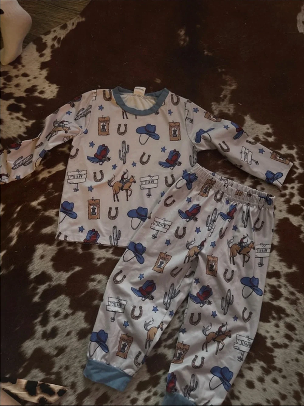 Trendy boutique Western Cowboy Print Pajama Set - Blue and Brown Accents